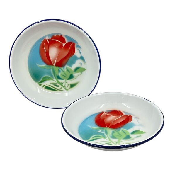 Bumper Harvest Floral Enamelware Dish Blue Rim Red Tulip Flower 1950s Retro - Picture 1 of 8